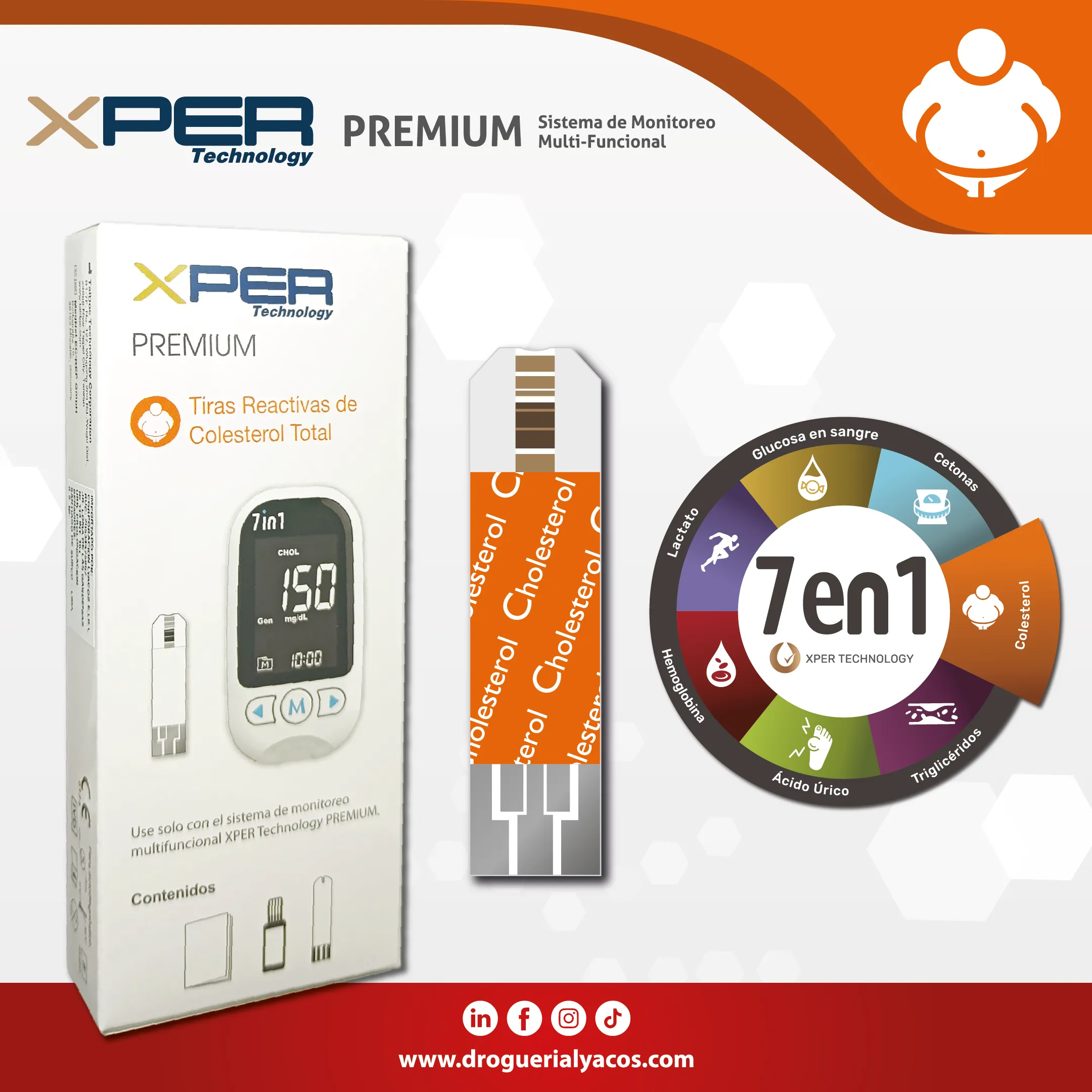 Tiras reactivas de colesterol del sistema de monitoreo xper technology premium 7 en 1 distribuido por Corporacion Lyacos E.I.R.L Drogueria lyacos