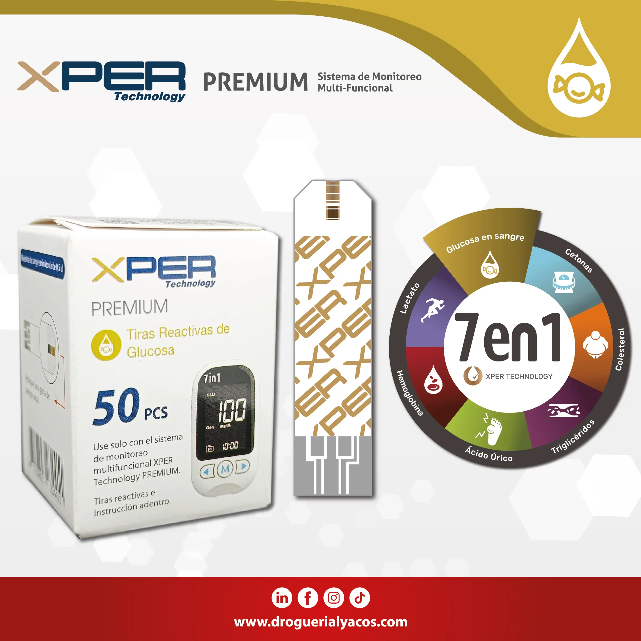Tiras reactivas de glucosa del sistema de monitoreo xper technology premium 7 en 1 distribuido por Corporacion Lyacos E.I.R.L Drogueria lyacos