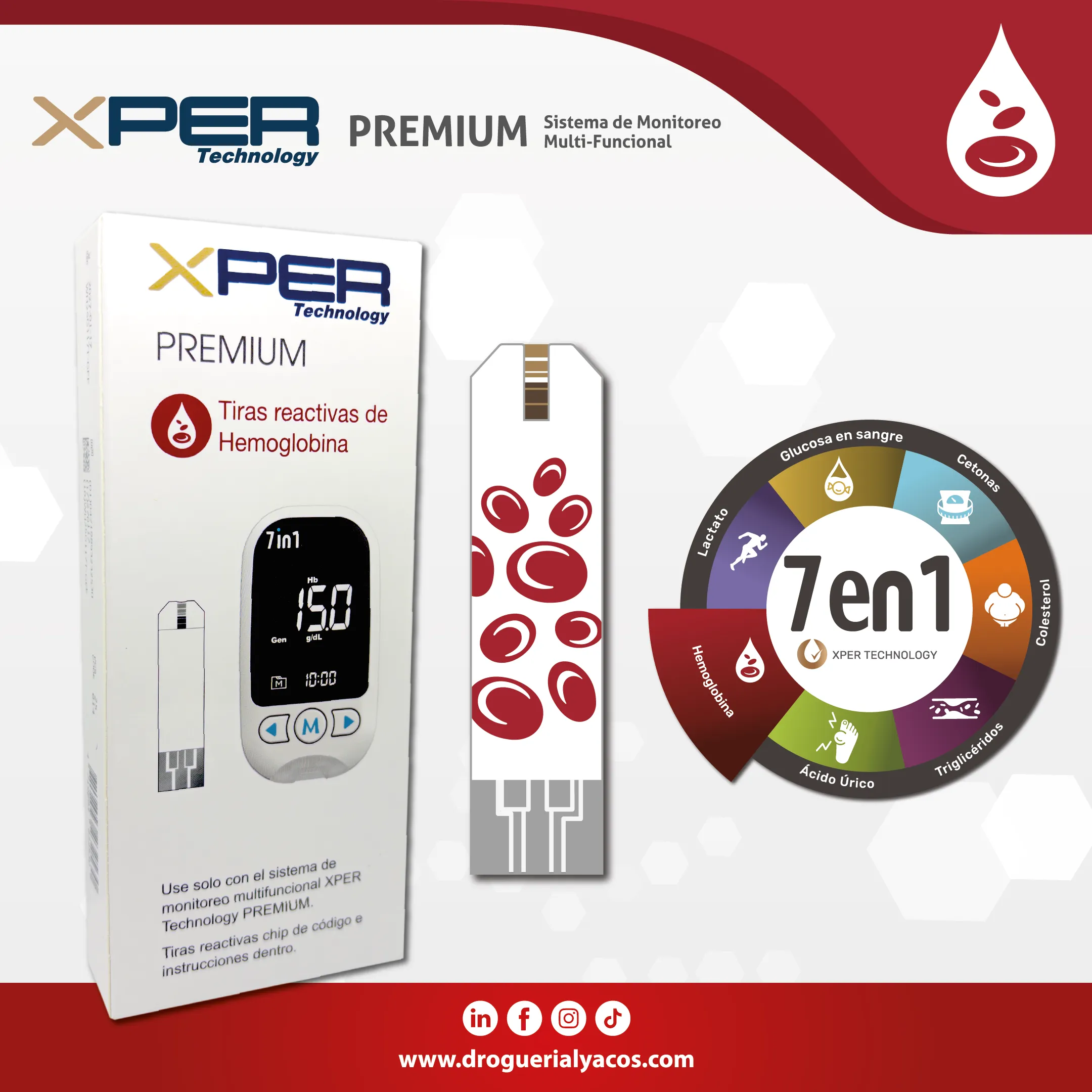 Tiras reactivas de hemoglobina del sistema de monitoreo xper technology premium 7 en 1 distribuido por Corporacion Lyacos E.I.R.L Drogueria lyacos