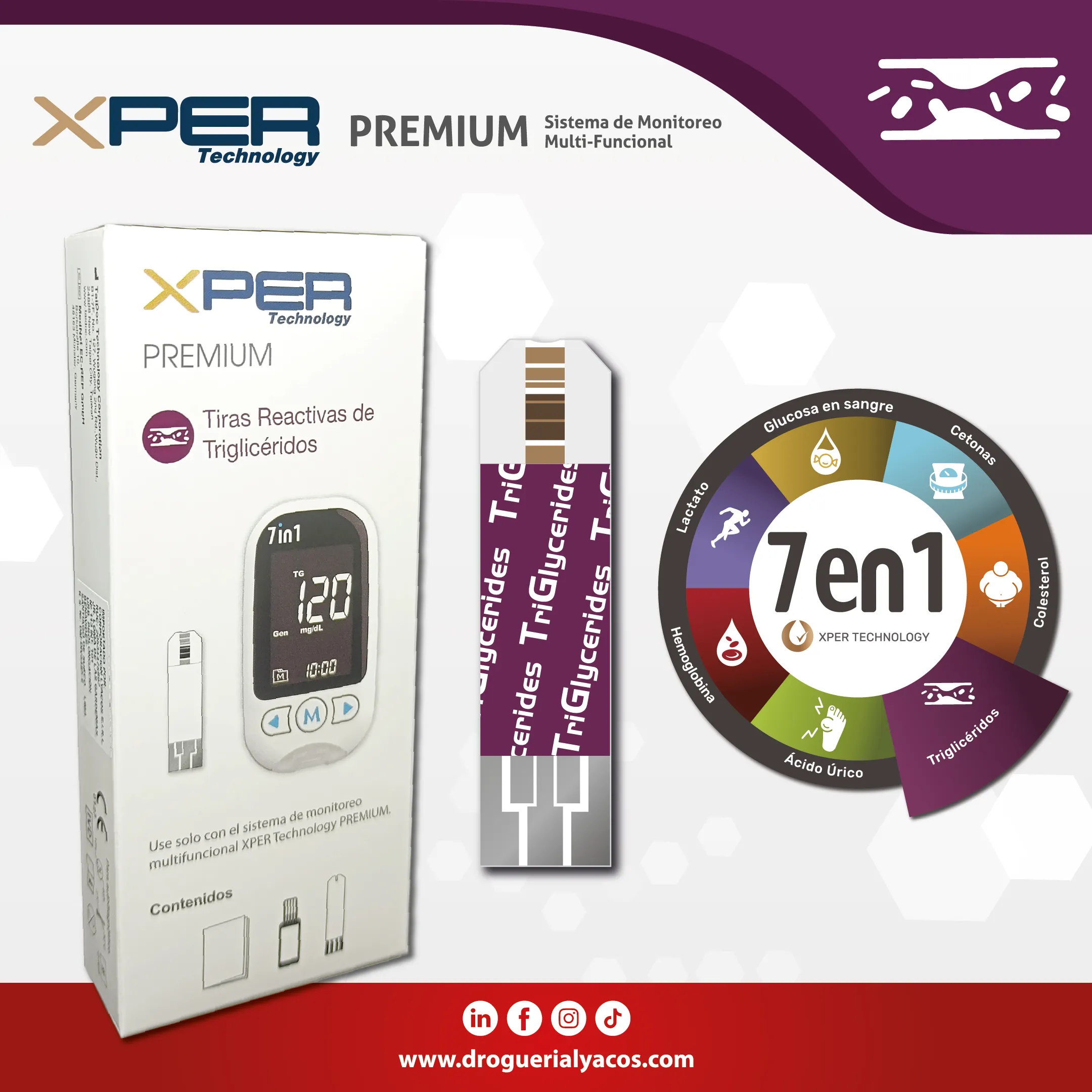 Tiras reactivas de trigliceridos del sistema de monitoreo xper technology premium 7 en 1 distribuido por Corporacion Lyacos E.I.R.L Drogueria lyacos
